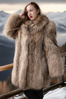 Close view of golden honey raccoon fur coat collar and buttoned front