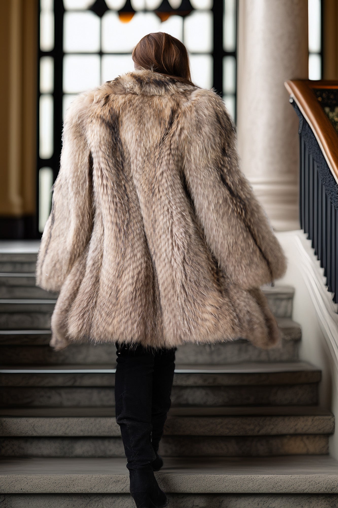 Raccoon fur coat back view with full, flared shoulders and mid-length hem