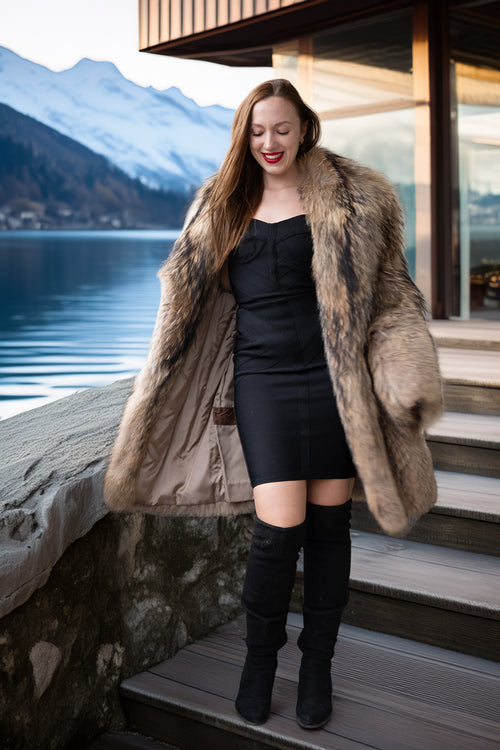 Golden honey and chestnut raccoon fur coat with wide open collar