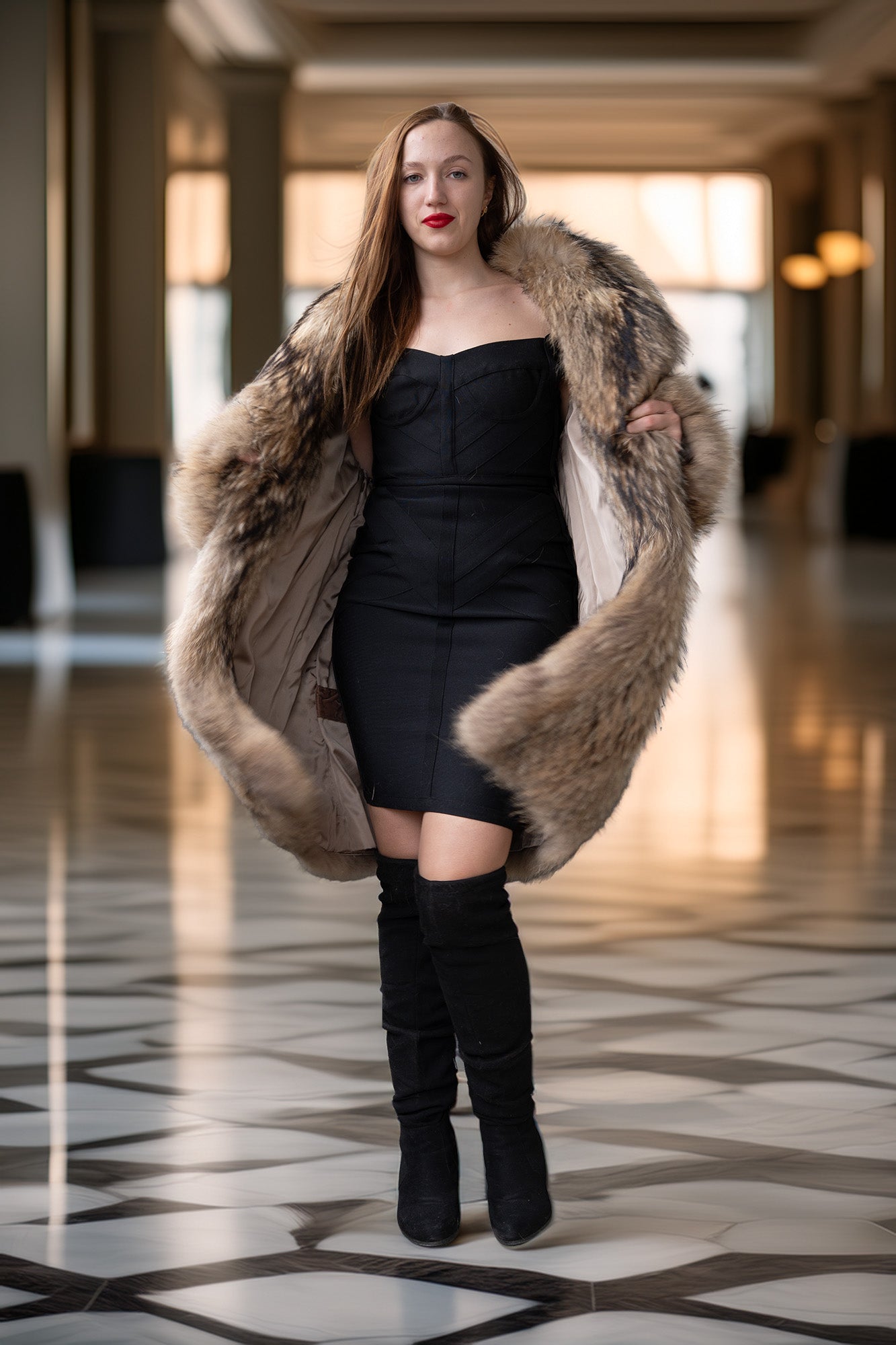 Golden honey raccoon fur coat, front view with open neckline and fitted sleeves