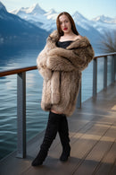 Raccoon fur coat in golden honey tones, folded arms style with wide fur collar