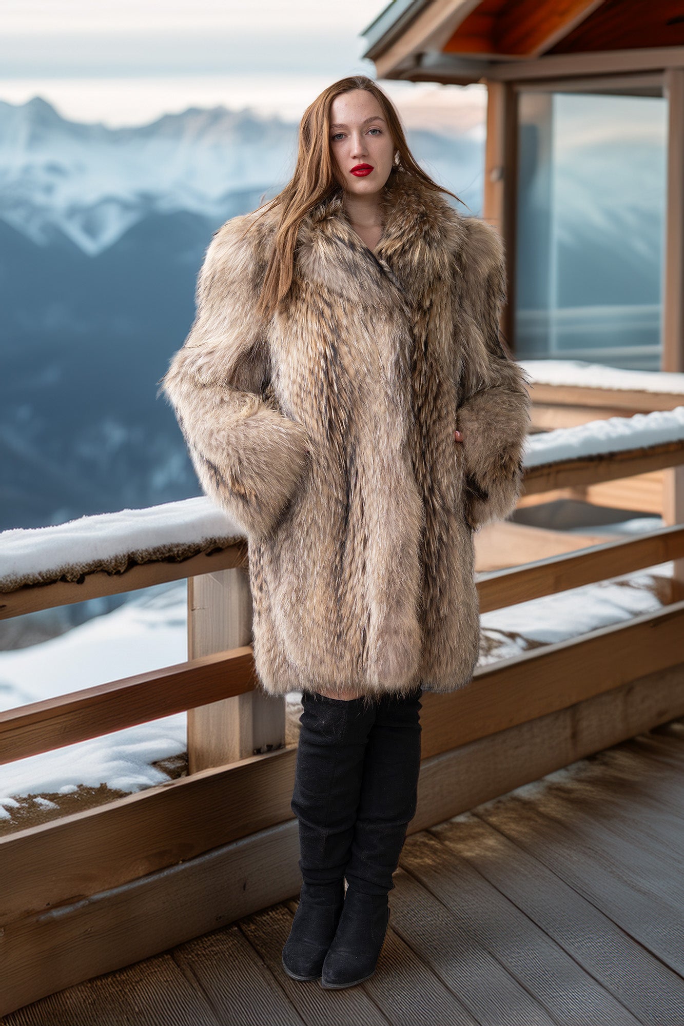 Front view of golden honey raccoon fur coat with full lapels and mid-length cut