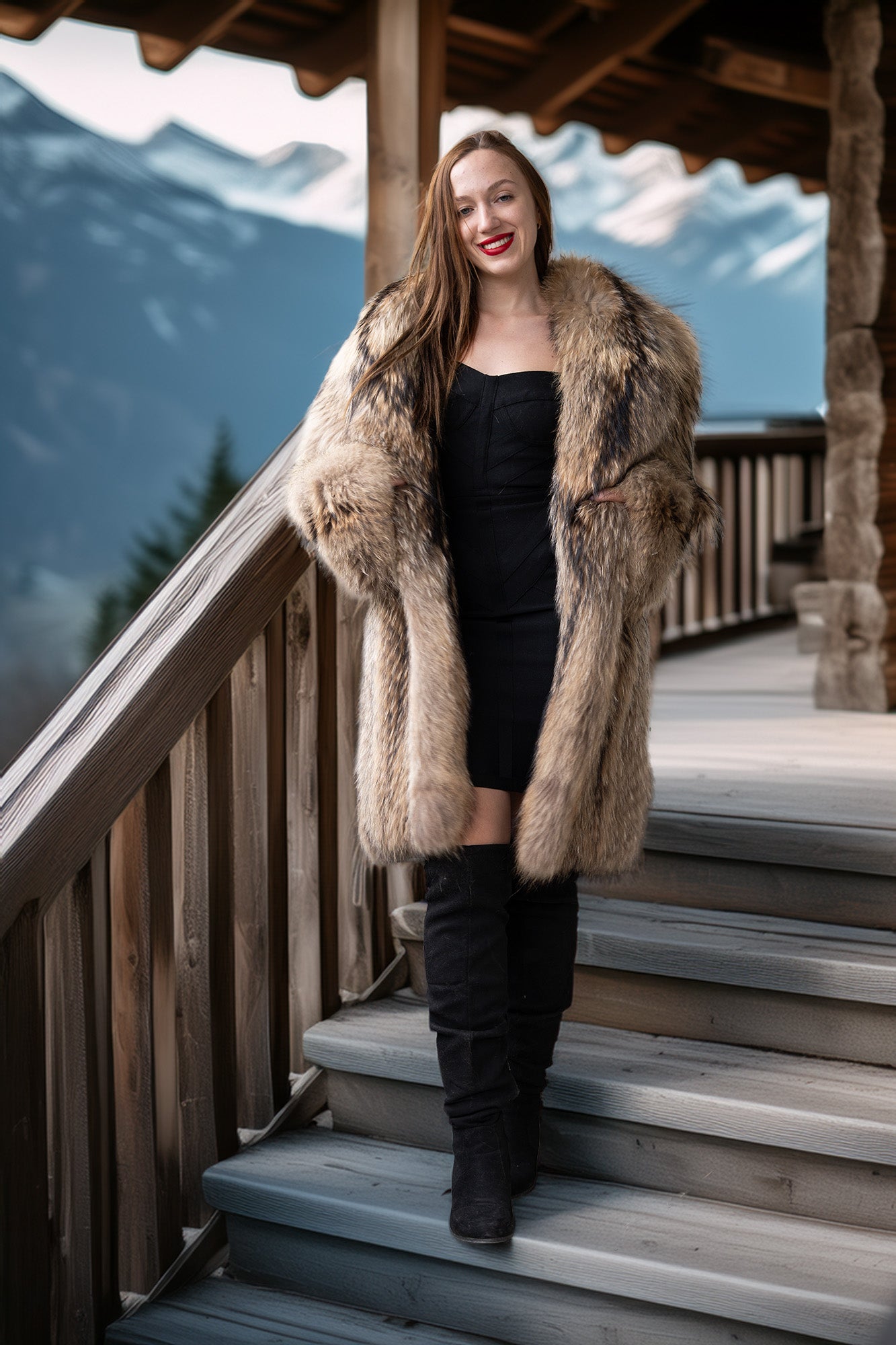 Raccoon fur coat with open front, oversized collar, and soft flared sleeves