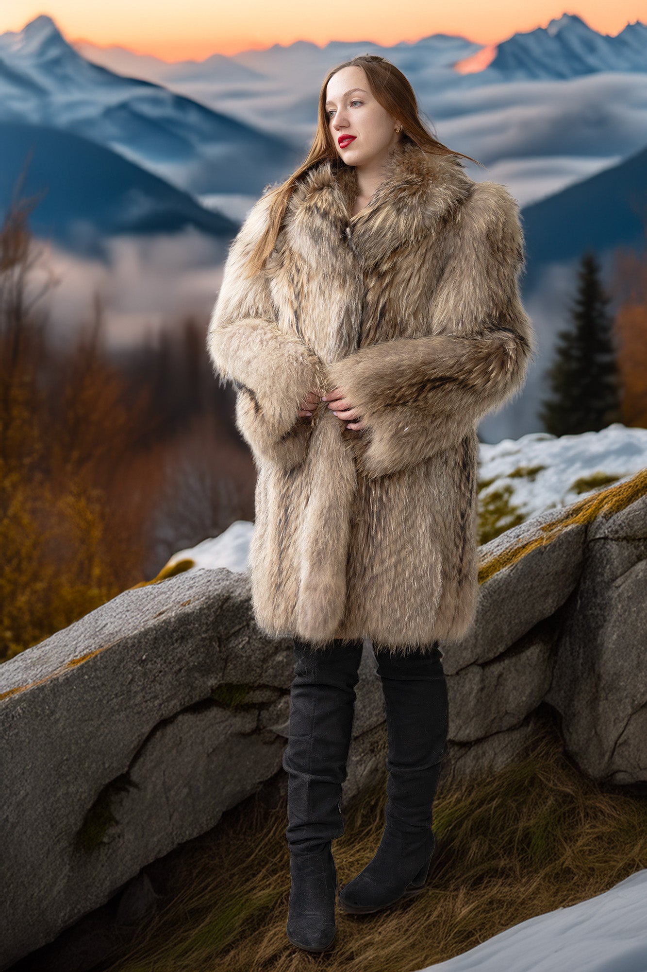 Raccoon fur coat with chestnut-brown accents, oversized collar and long sleeves