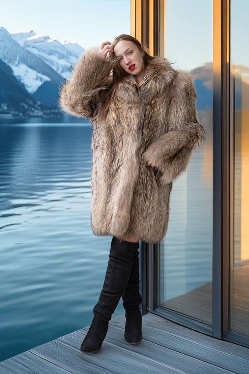 Mid-length raccoon fur coat in golden honey and chestnut hues, side profile