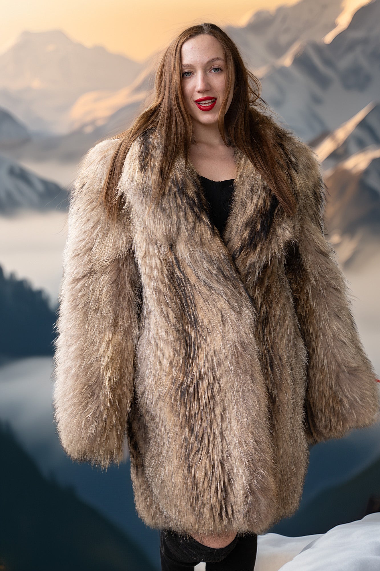 Honey-toned raccoon fur coat, full collar, buttonless open front