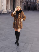 Leopard Print Nutria Fur Coat With Black Fox Collar S
