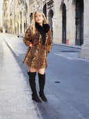Leopard Print Nutria Fur Coat With Black Fox Collar S