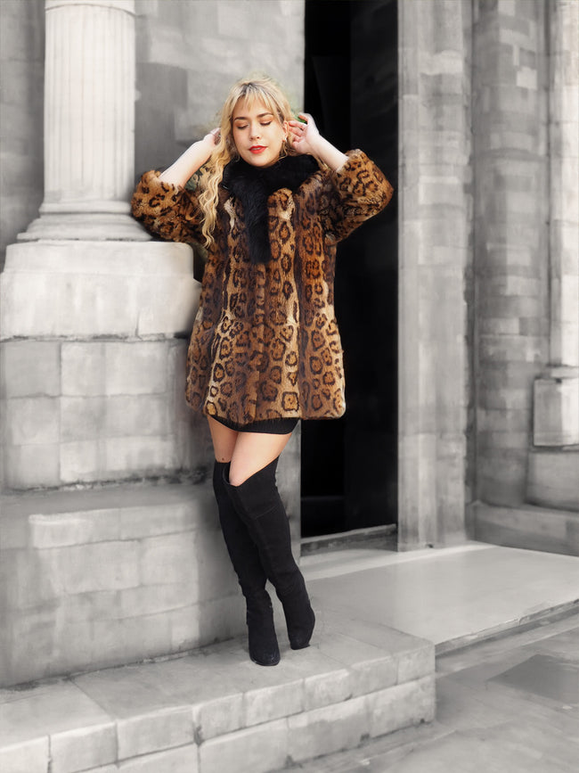 Leopard Print Nutria Fur Coat With Black Fox Collar S