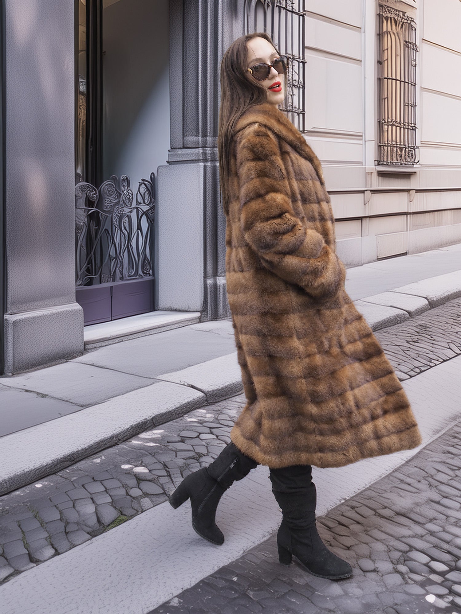 Side profile of Harlow pastel mink shawl collar coat, styled with black boots and sunglasses for a chic vintage look.