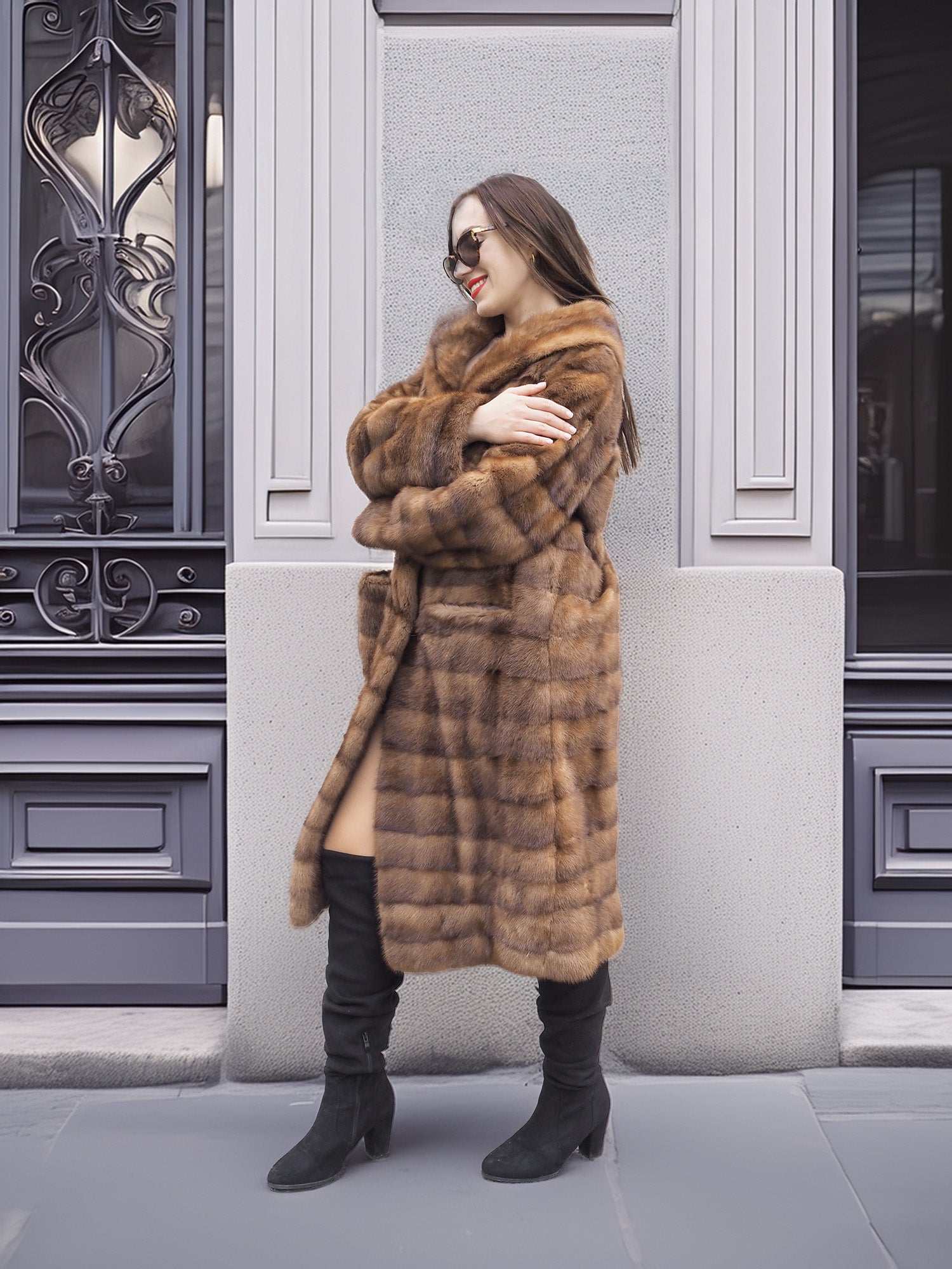 Harlow pastel mink shawl collar coat worn closed, styled with black boots and red lipstick for a sophisticated winter outfit.