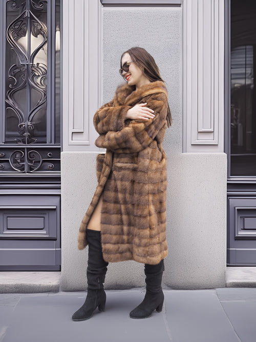 Harlow pastel mink shawl collar coat worn closed, styled with black boots and red lipstick for a sophisticated winter outfit.