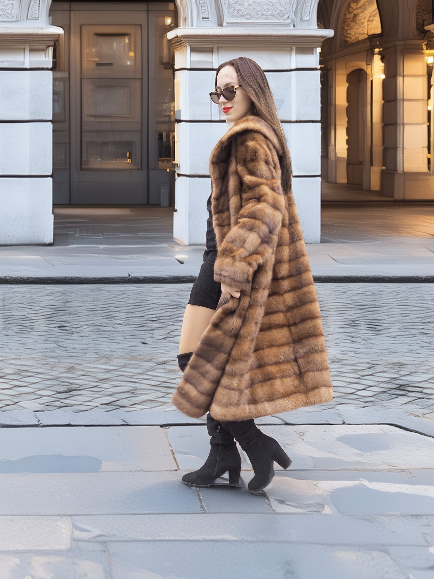Side view of Harlow pastel mink shawl collar coat in motion, styled with black mini dress and heeled boots for a modern vintage look.
