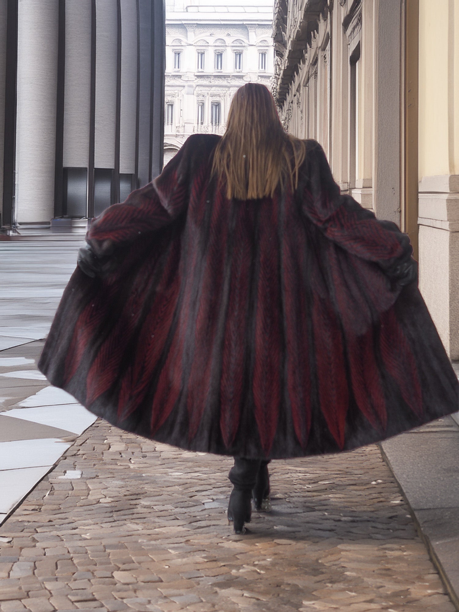 Back view of red and black mink fur coat flared open, showing dramatic chevron pattern and full-length design.