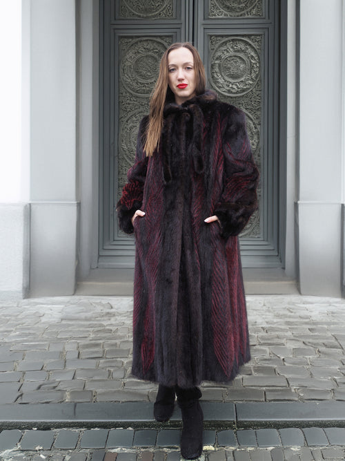 Two Tone Female Mink Fur Coat in red and black design, size S/M, styled with black boots for luxury winter fashion appeal.