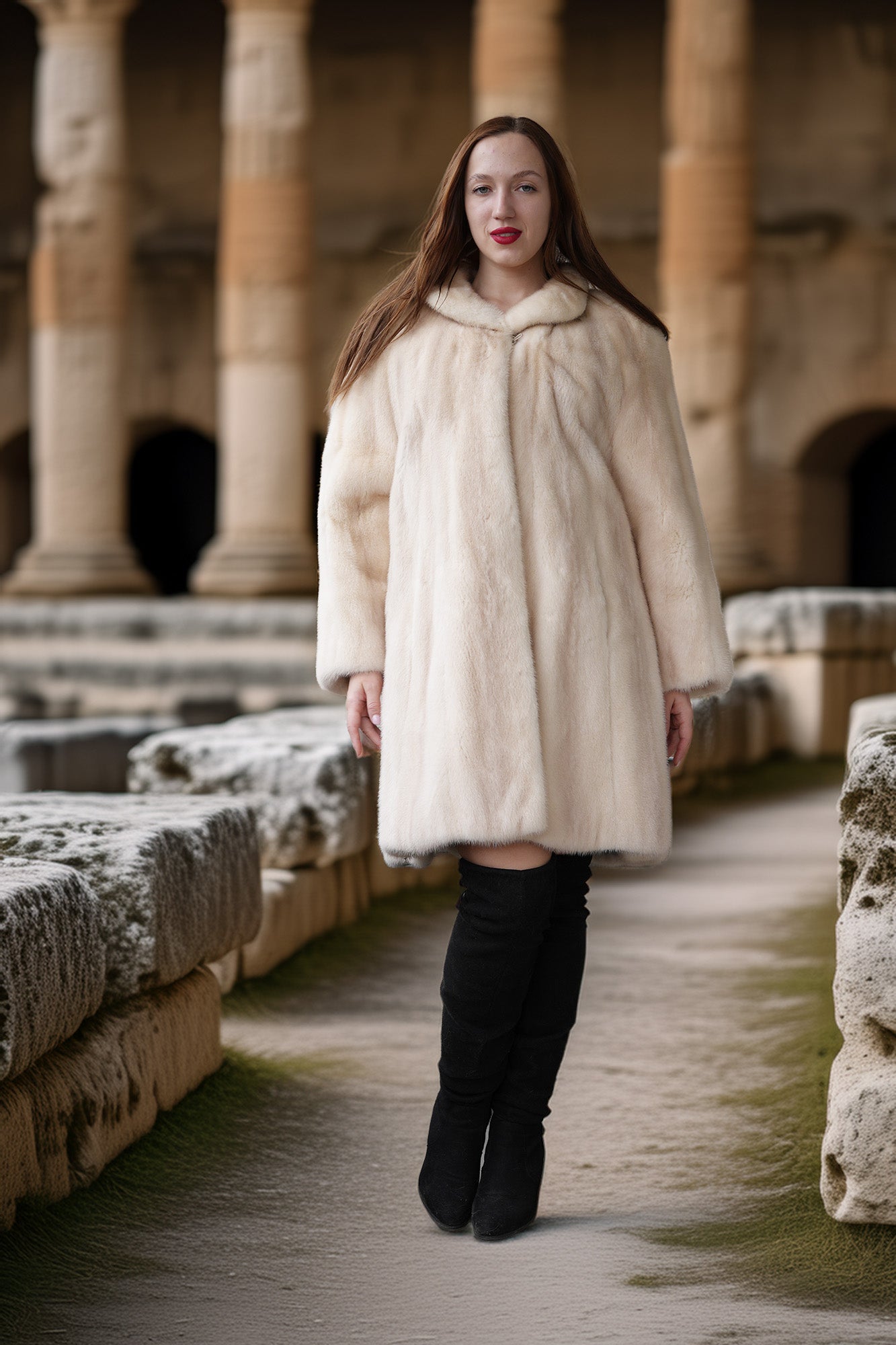 Pearl Arcadia mink coat, cream front view with plush collar and swing hem