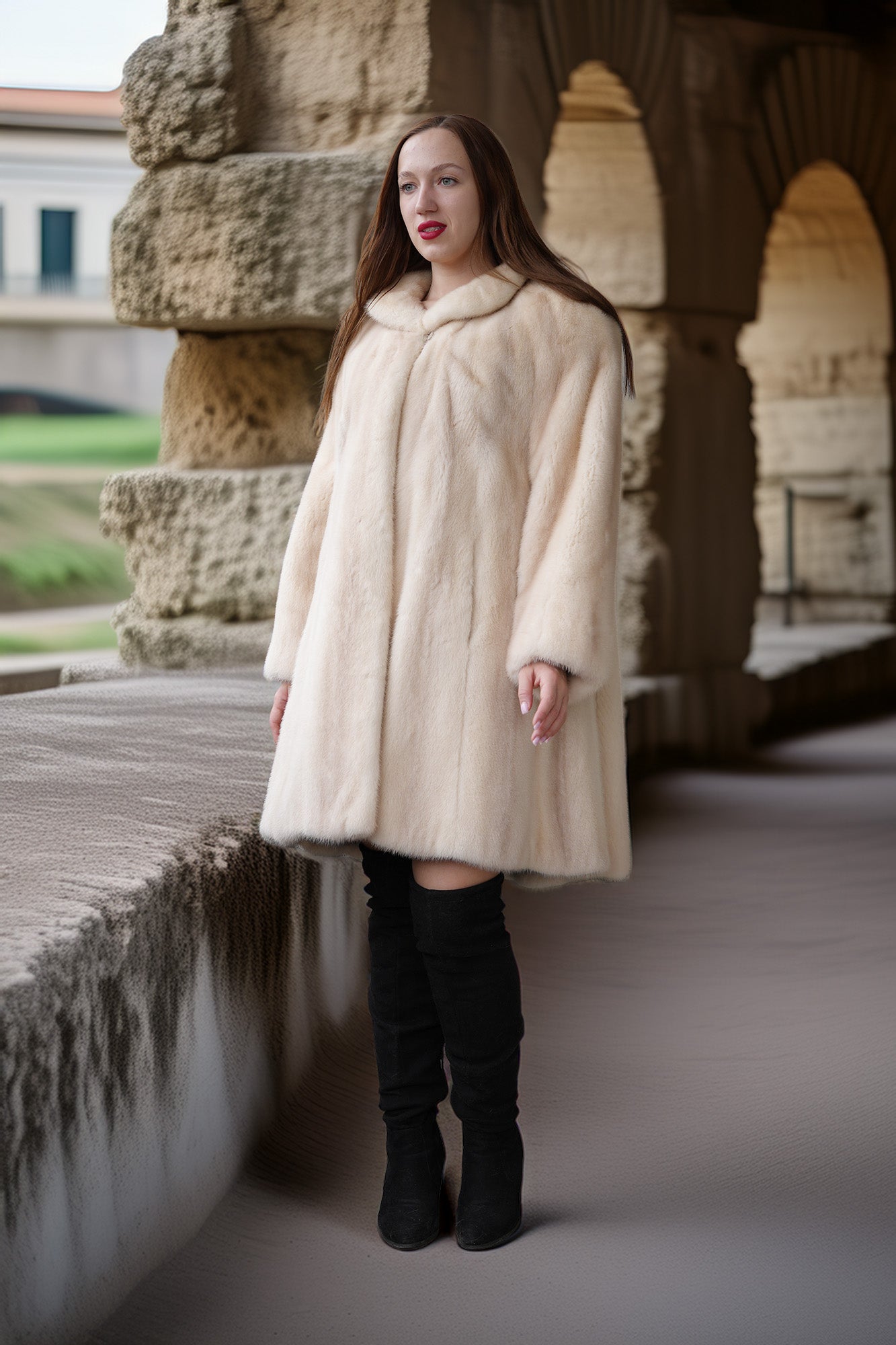 Cream mink coat, three-quarter view with stand collar and flared hem