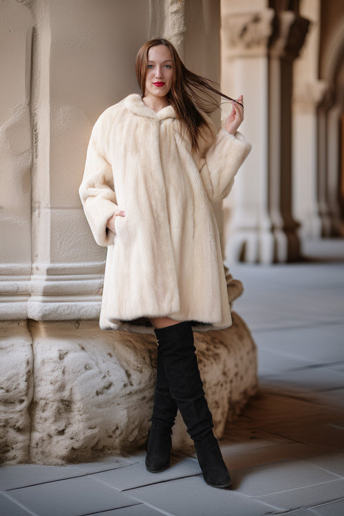 Pearl mink hooded swing coat, cream fur, mid-thigh length, roomy sleeves