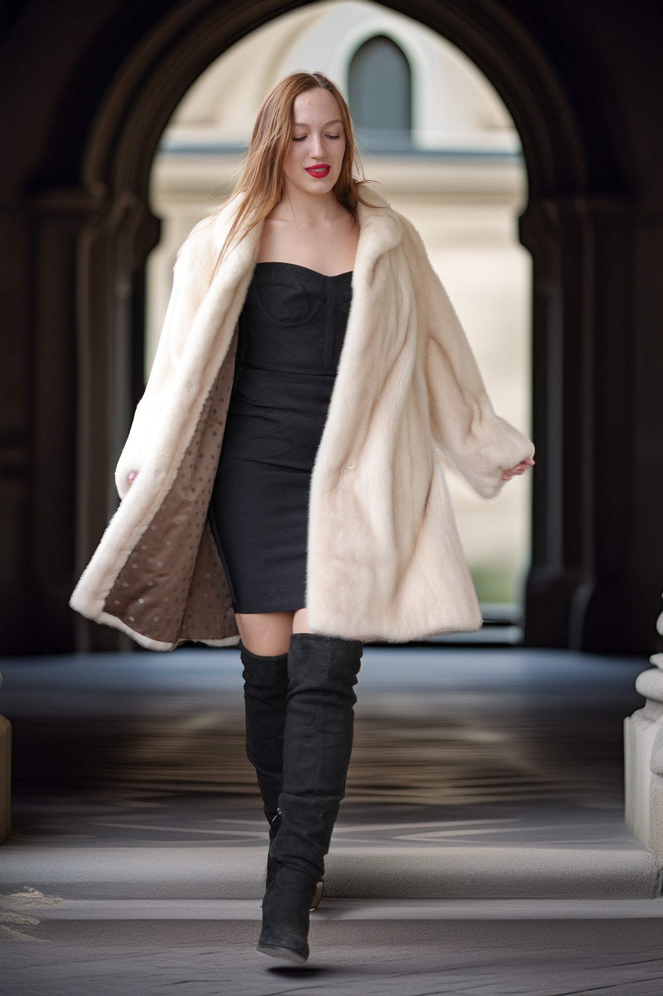 Pearl mink swing coat with hood, cream fur drape over dark mini dress and boots