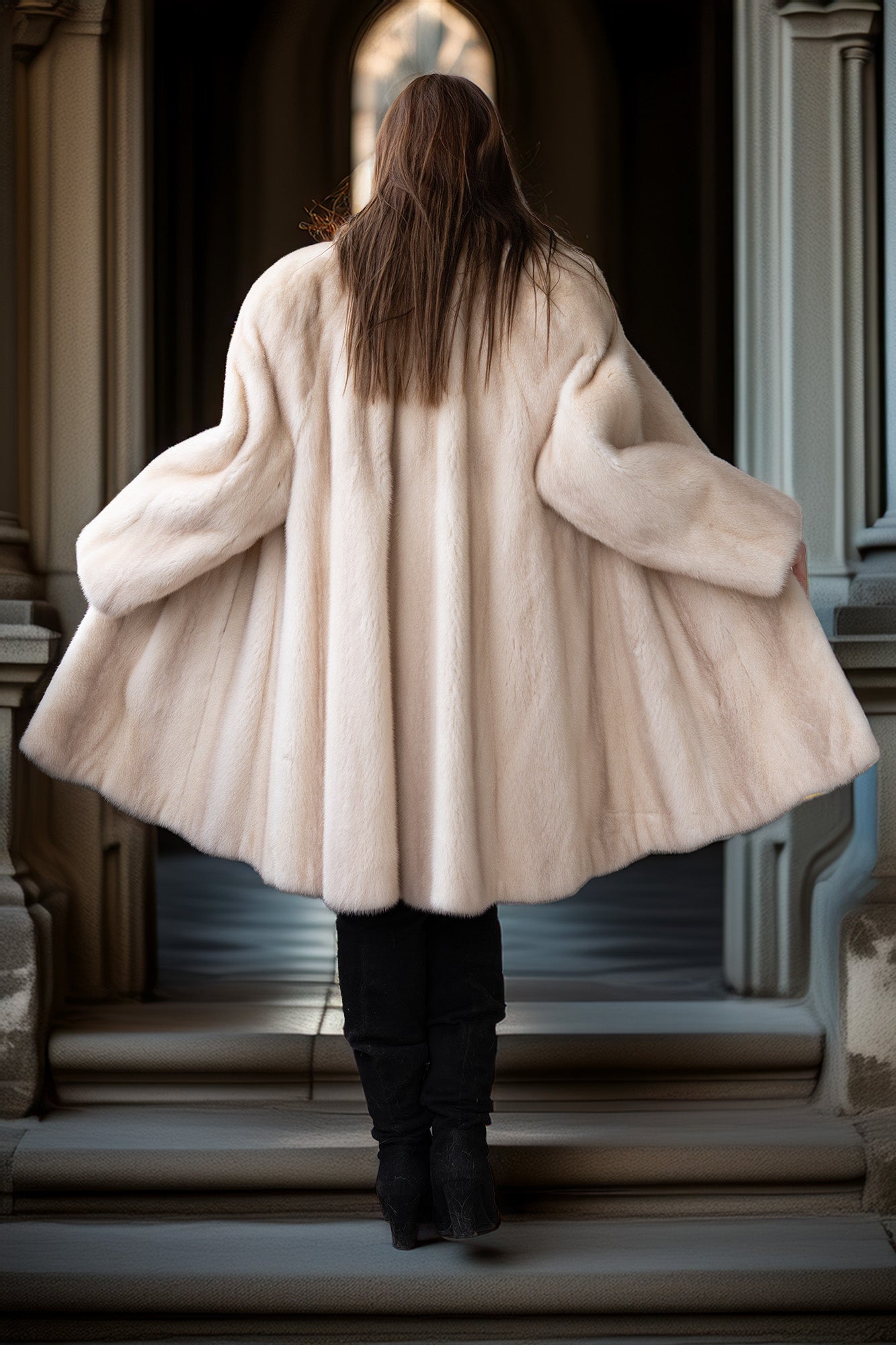 Mink swing coat back view, hooded cream fur, wide flared hem over boots