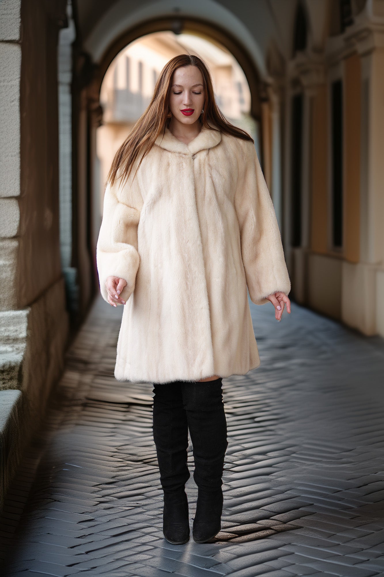 Cream mink coat with swing silhouette, plush collar, and long sleeves