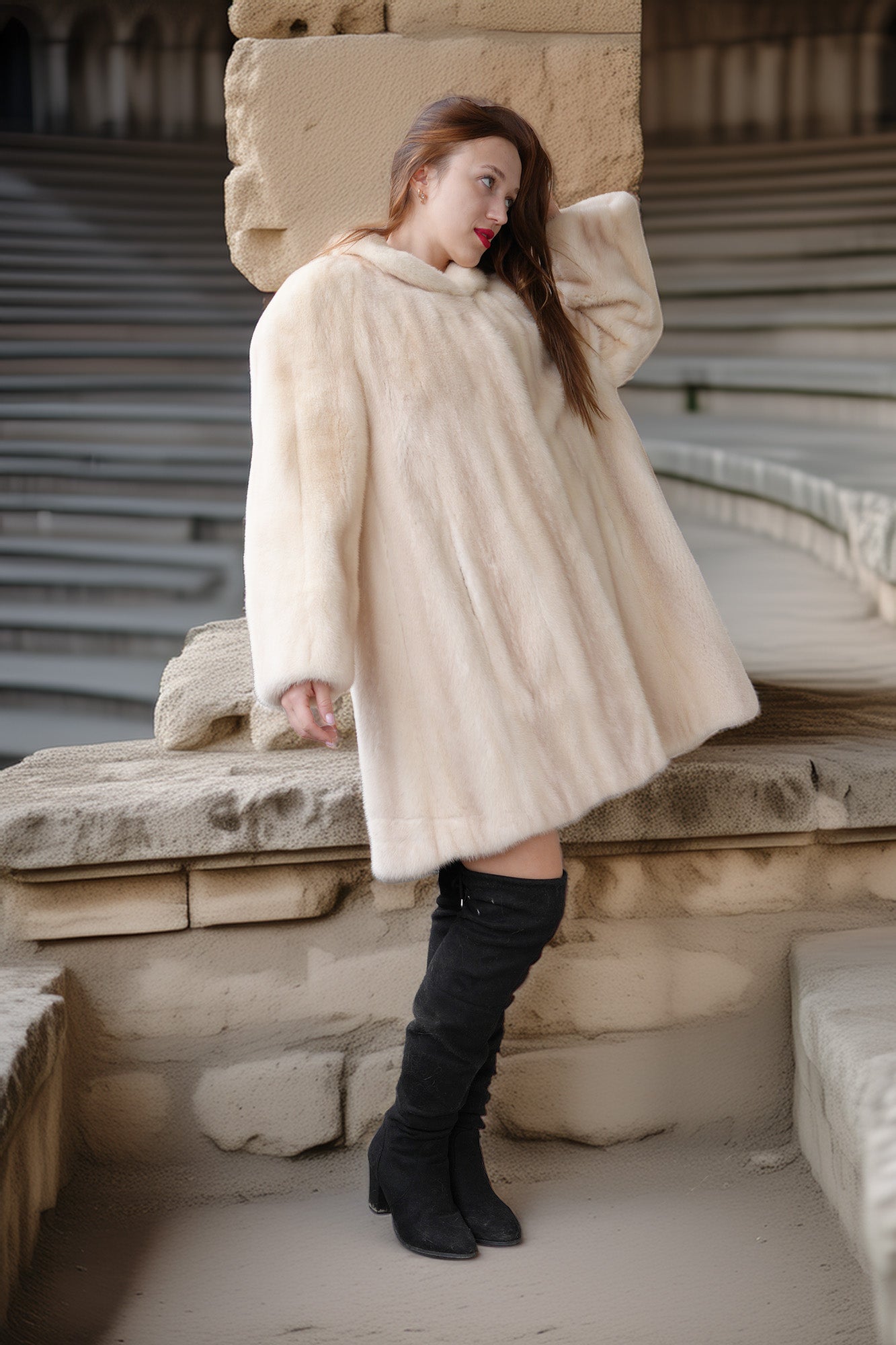 Cream mink coat, side view with plush collar and voluminous swing shape