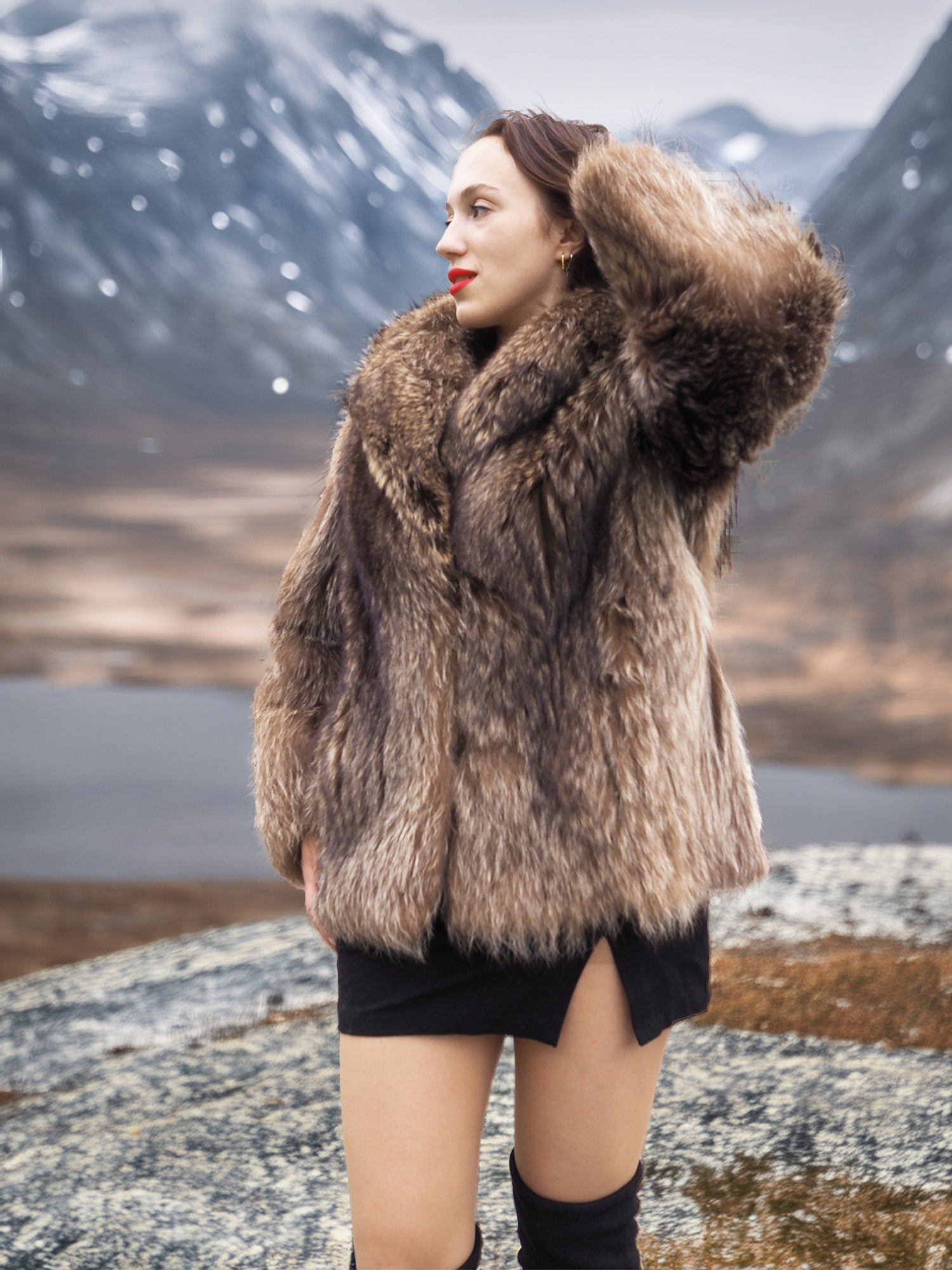 Raccoon Glamour Jacket - Mountain Mirage S/M styled with black mini dress, highlighting natural fur tones and cold-weather elegance.