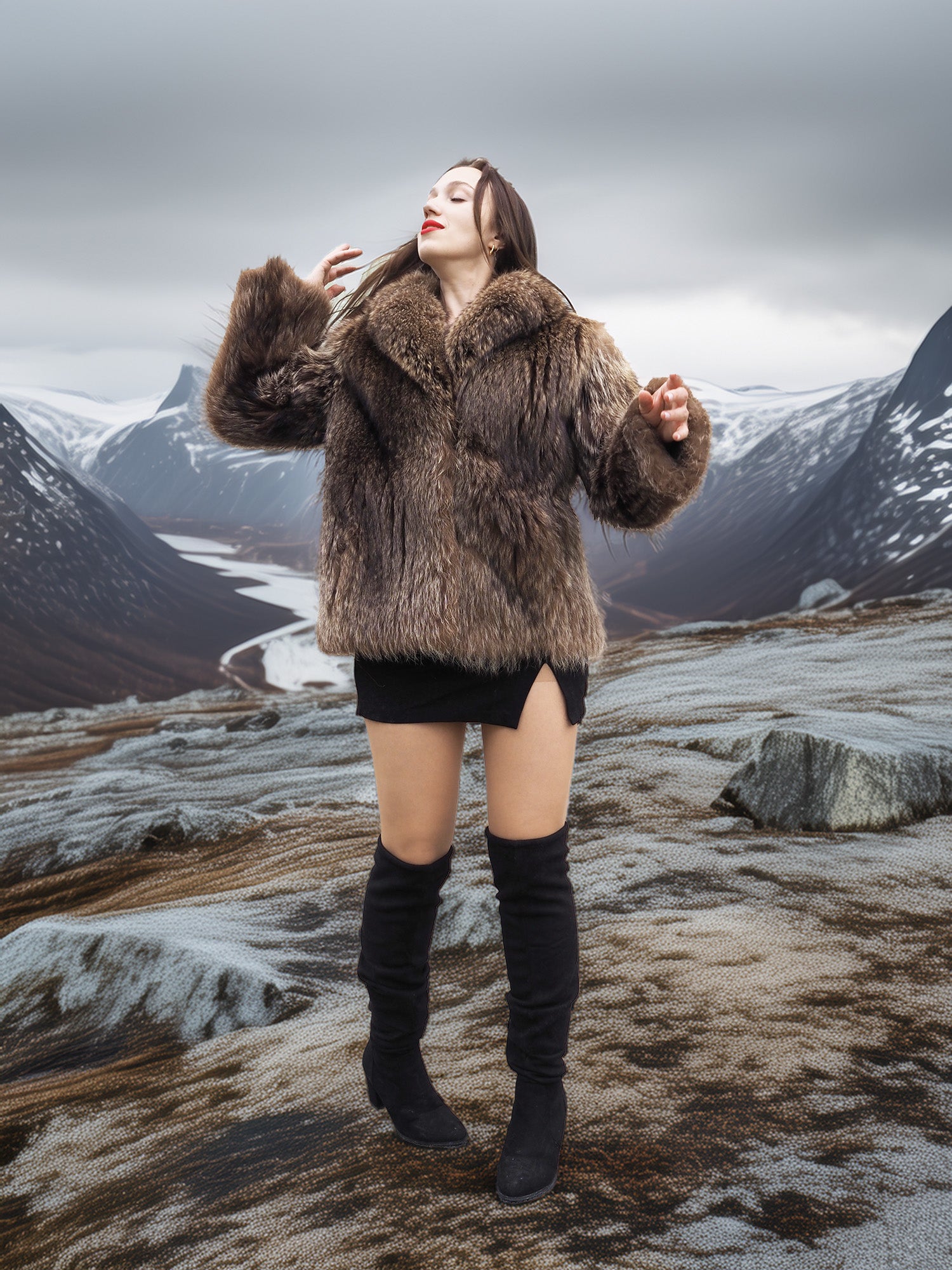Model in Raccoon Glamour Jacket - Mountain Mirage S/M dancing on rocky terrain, highlighting movement and warmth of real fur coat.