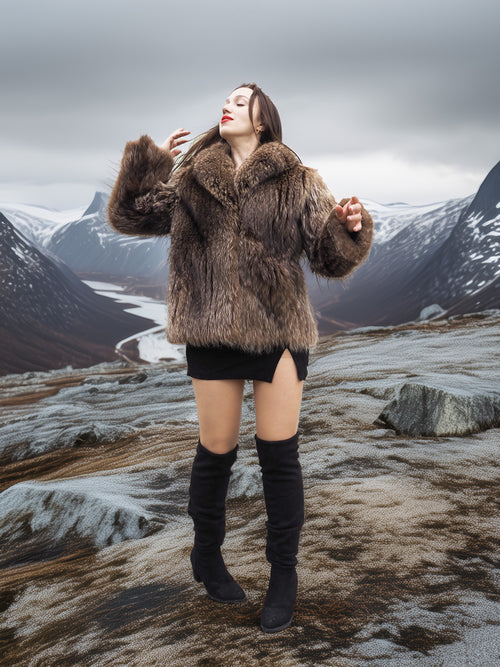 Model in Raccoon Glamour Jacket - Mountain Mirage S/M dancing on rocky terrain, highlighting movement and warmth of real fur coat.