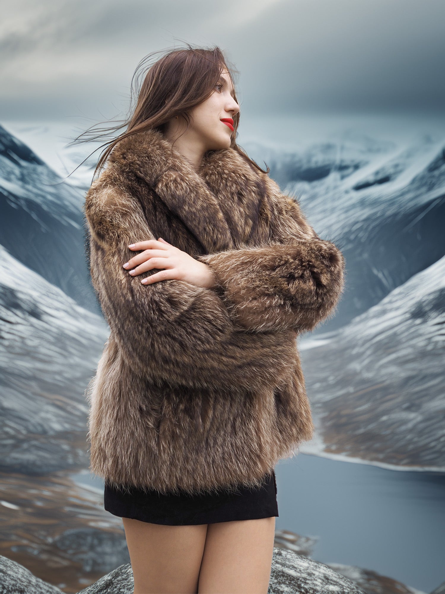 Raccoon Glamour Jacket - Mountain Mirage S/M worn with arms crossed, emphasizing thick fur collar and cozy winter style.