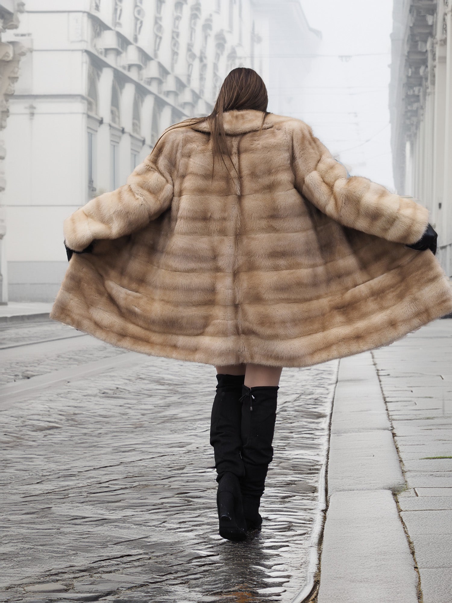Back view of wide-swinging blond pastel mink fur coat stroller jacket, emphasizing its luxurious volume and vintage charm.