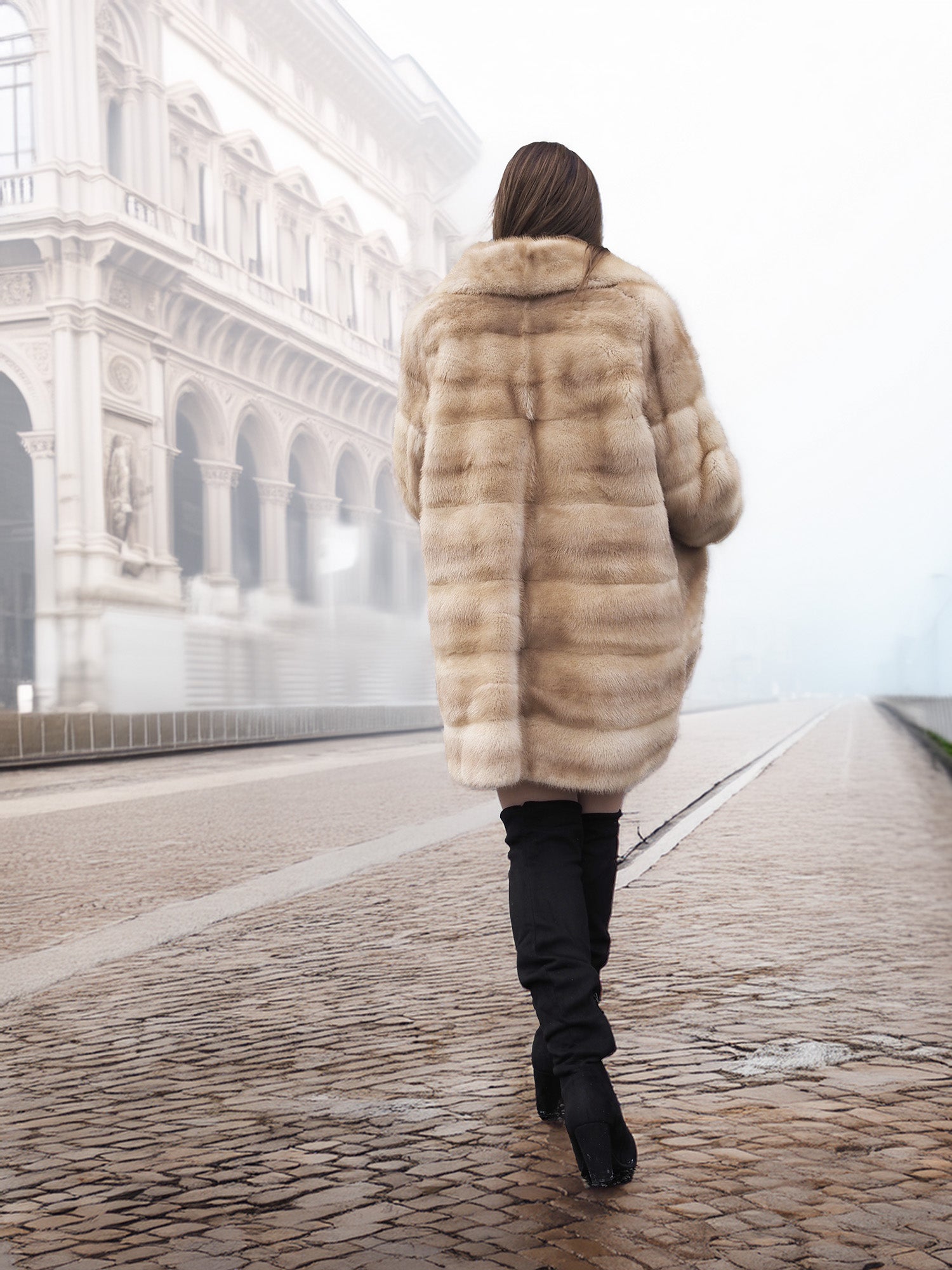 Walking away in blond pastel mink fur coat stroller jacket, highlighting its full coverage and premium fur craftsmanship.