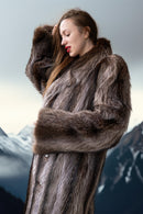 Gray-brown raccoon fur coat close-up, double-breasted button placket and high collar