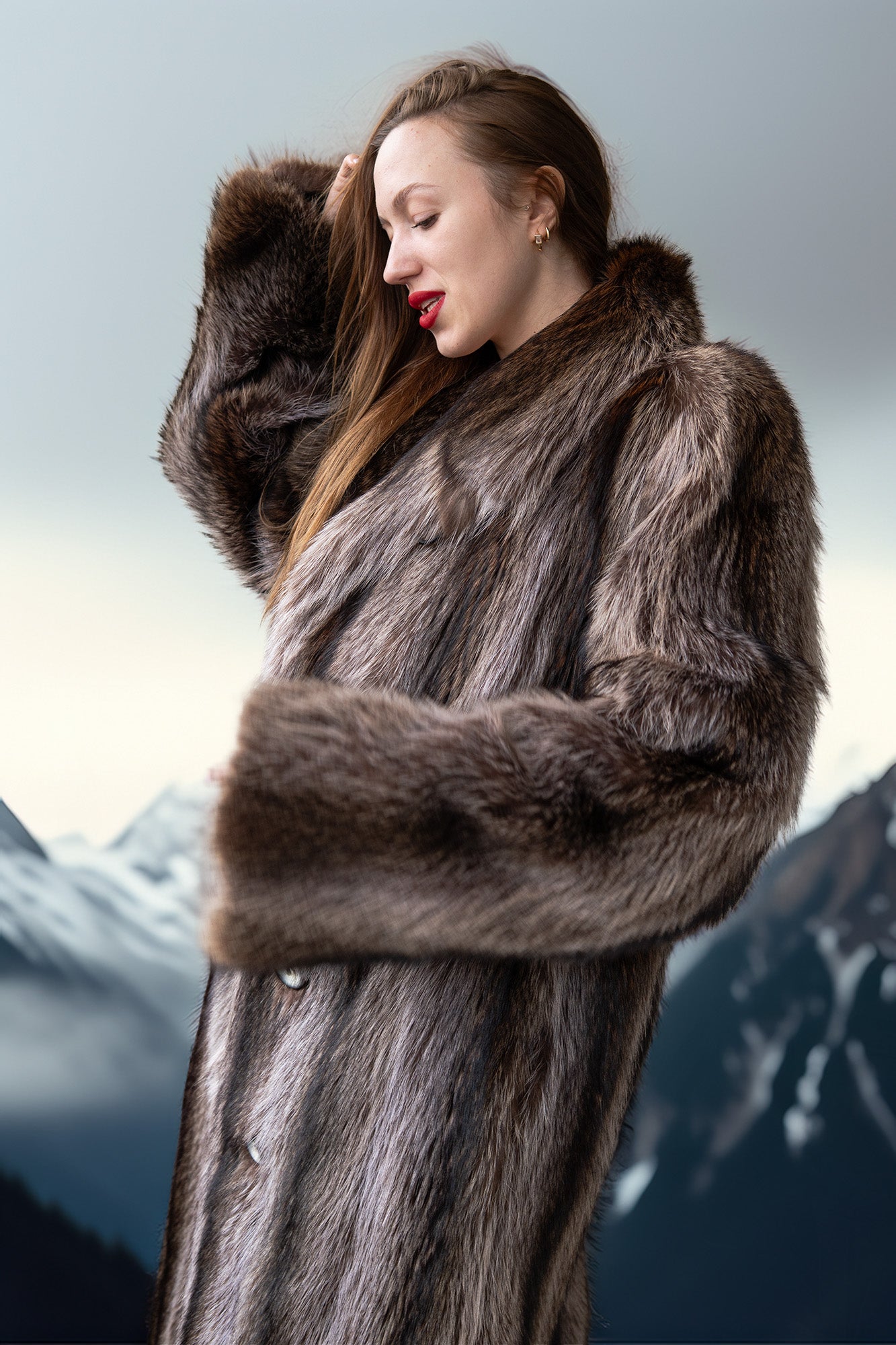 Gray-brown raccoon fur coat close-up, double-breasted button placket and high collar