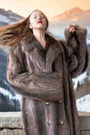 Gray-brown raccoon fur coat close-up, double-breasted front with two-button row