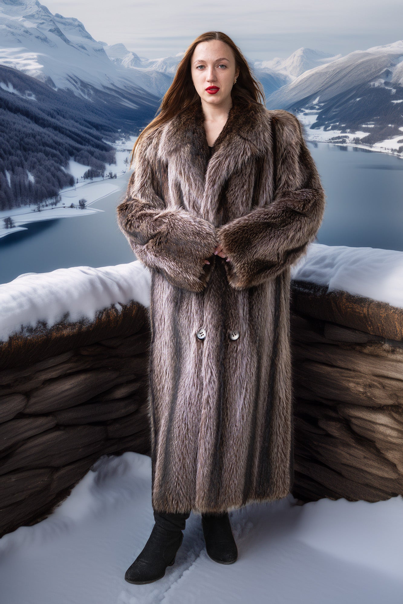 Gray-brown double-breasted raccoon fur coat with long sleeves and button placket