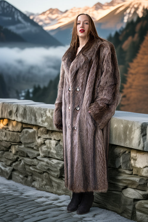 Gray-brown raccoon fur long coat with double-breasted front and fur-lined collar