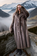 Gray-brown double-breasted raccoon fur coat, buttoned center front and plush cuffs