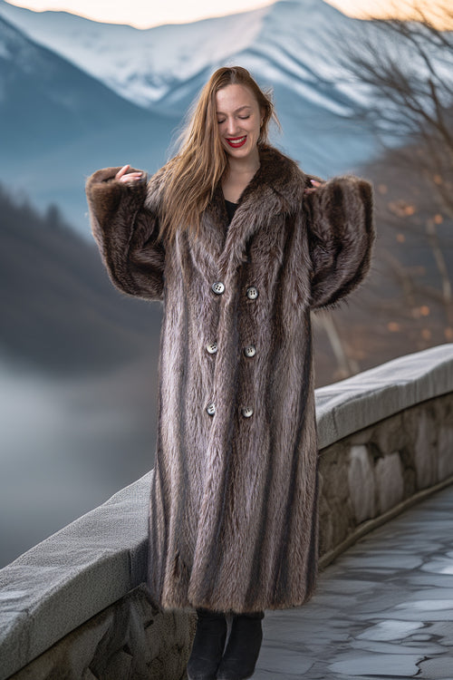 Gray-brown double-breasted raccoon fur coat with structured shoulders and front buttons