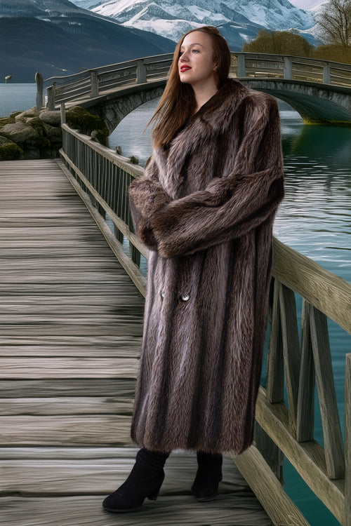 Gray-brown double-breasted raccoon fur coat with long length and buttoned placket
