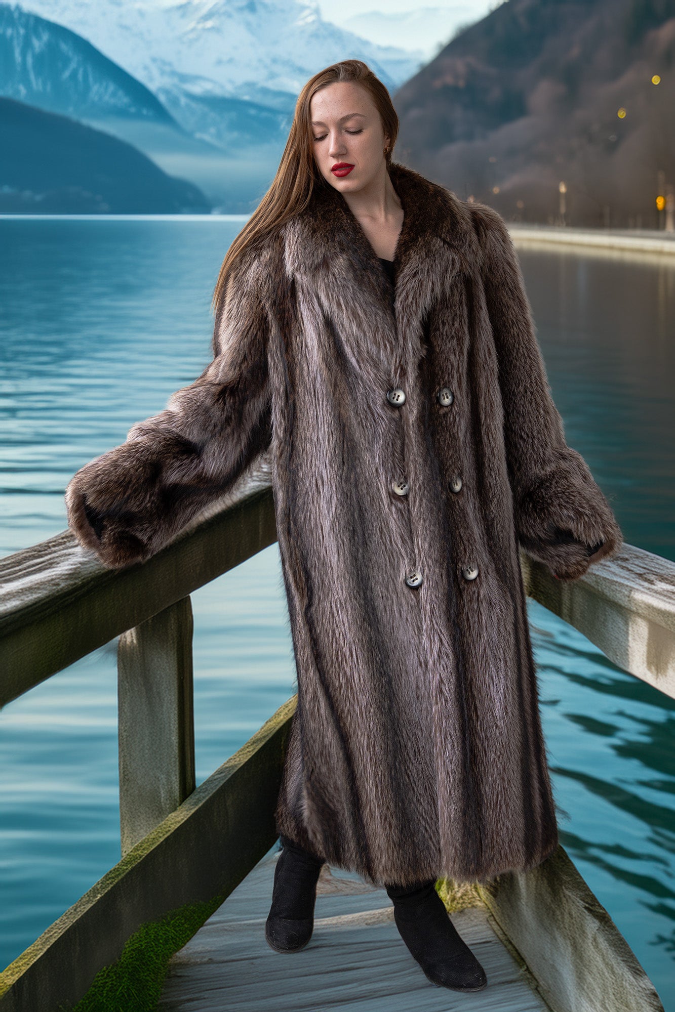 Gray-brown raccoon fur coat with double-breasted front, rounded collar, and metal buttons