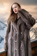 Men's raccoon fur double-breasted coat, dark gray, notched lapels, silver buttons