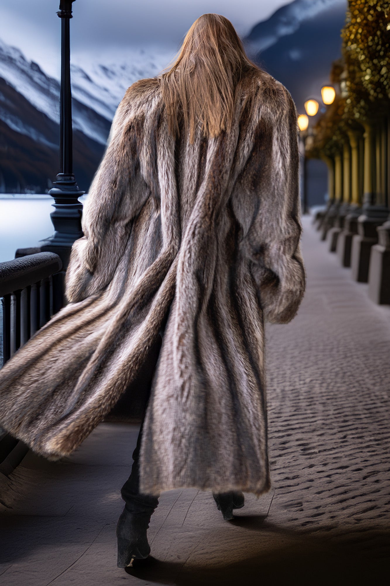 Men’s raccoon fur coat, double-breasted front, long drape, oversized fur cuffs, dark
