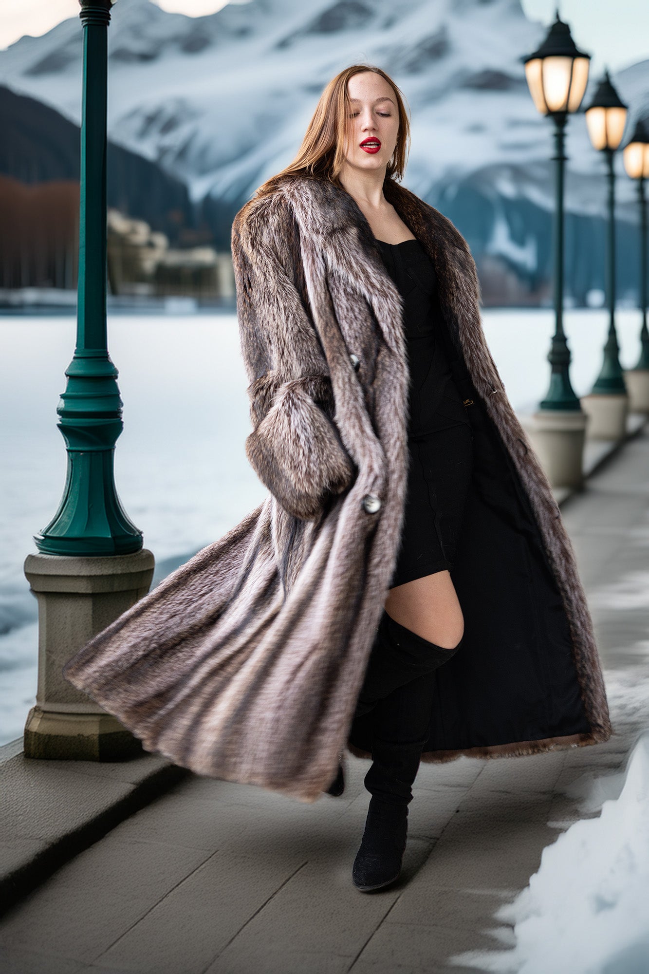 Long raccoon fur coat with double-breasted front, notched lapels, silver button placket