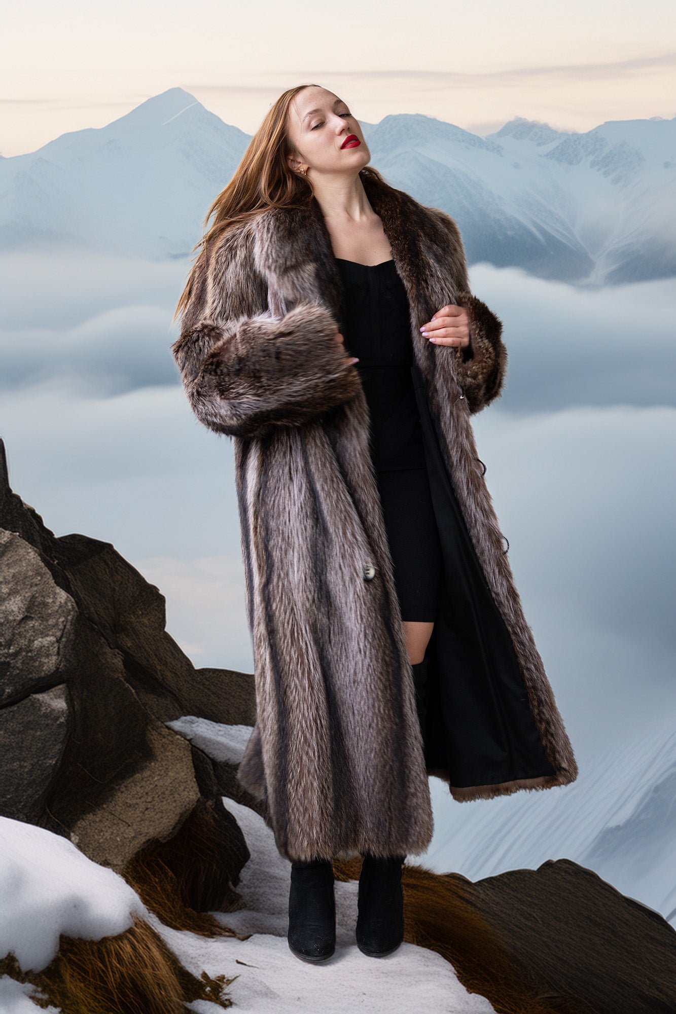 Long raccoon fur double-breasted coat with side fur cuffs and silver button closure