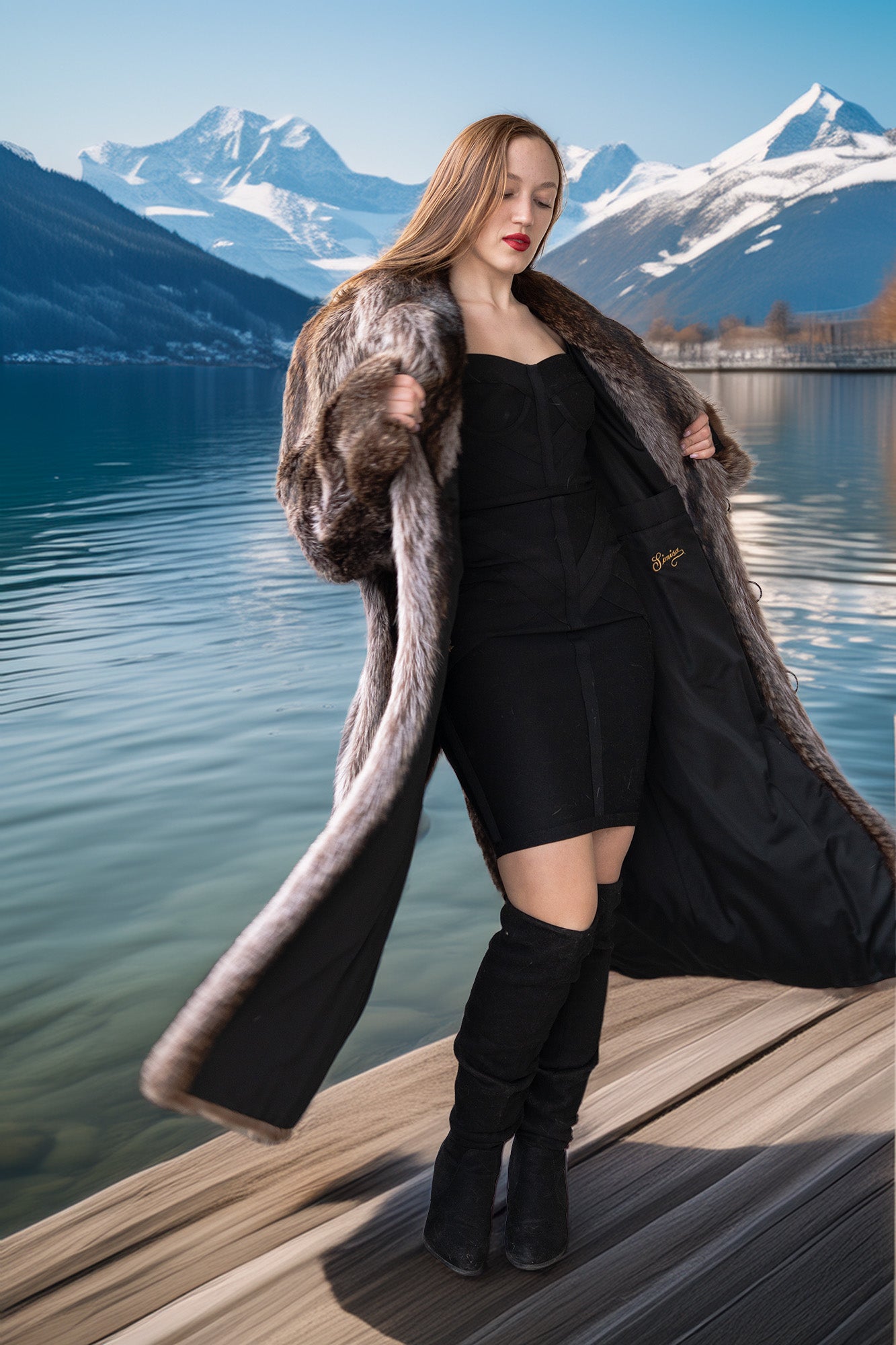 Raccoon fur double-breasted coat with notched lapels, dark brown, silver buttons
