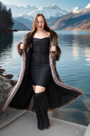 Long raccoon fur double-breasted coat, open front, notched lapels, silver buttons