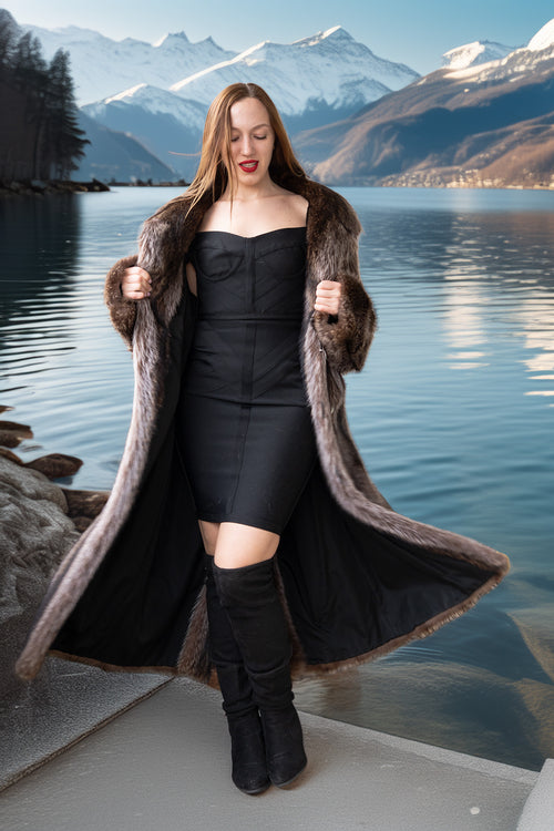 Long raccoon fur double-breasted coat, open front, notched lapels, silver buttons
