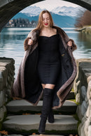 Men’s raccoon fur coat, double-breasted, open front over dark outfit, dark gray-brown