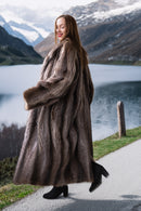 Floor-length raccoon fur coat, long sleeves, double-breasted button front